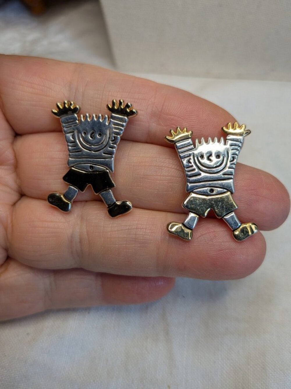 Vintage MJ Enterprises “Jumping Kid” Earrings • Silver & Gold Tone • 1980s‑1990s